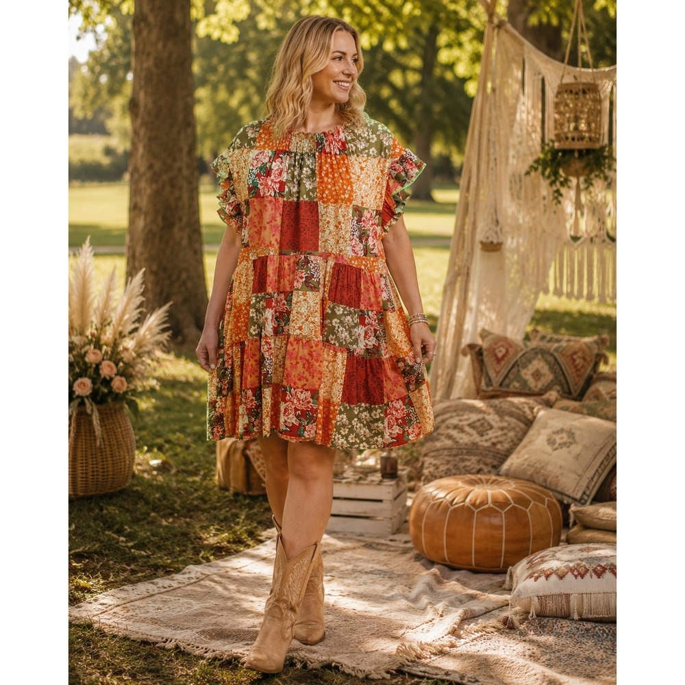 Sunshine & Rodeos Women 2XL Patchwork Floral Tiered Babydoll Top Orange Multi